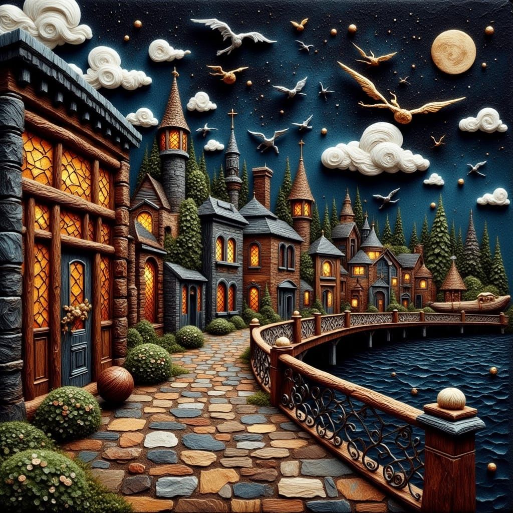 Vibrant Yarn Cityscape at Night