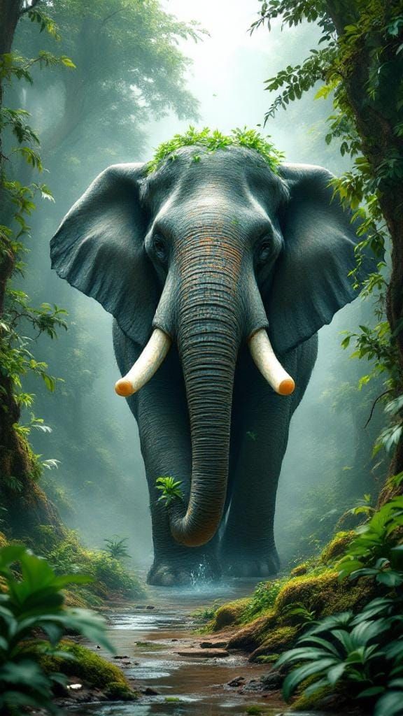 Giant Elephant in Mystical Forest: Digital Art