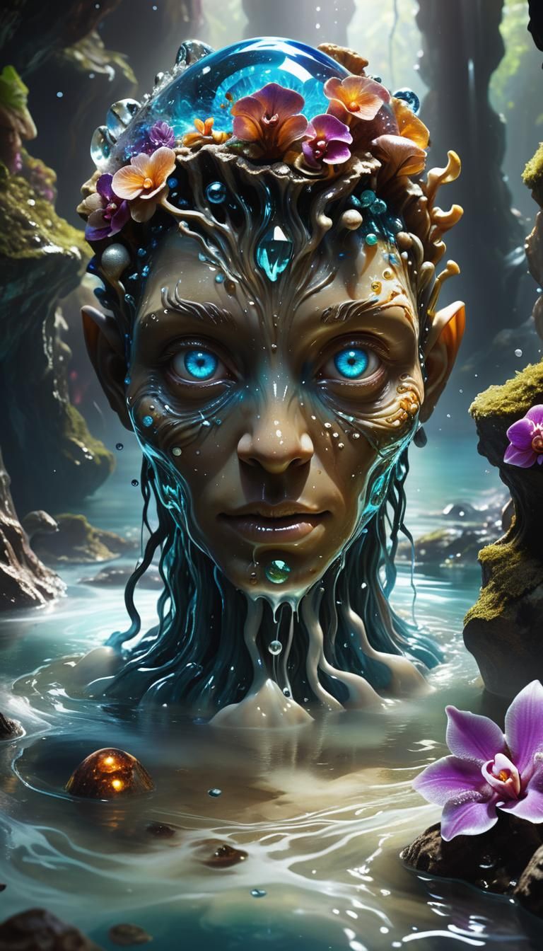 Water Elemental Embodiment in Crystal Cavern: Splash Art