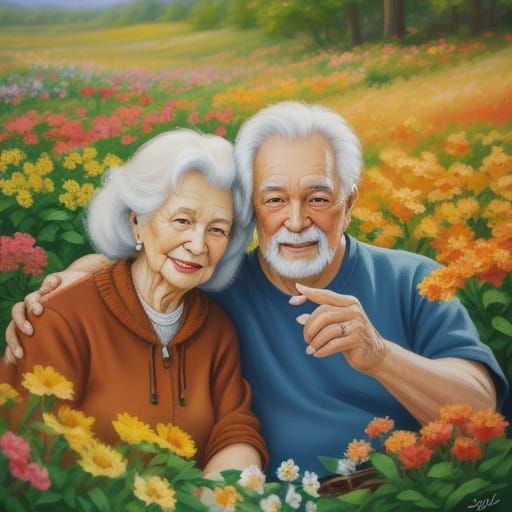 Warm Impressionist Oil Painting of Elderly Couple
