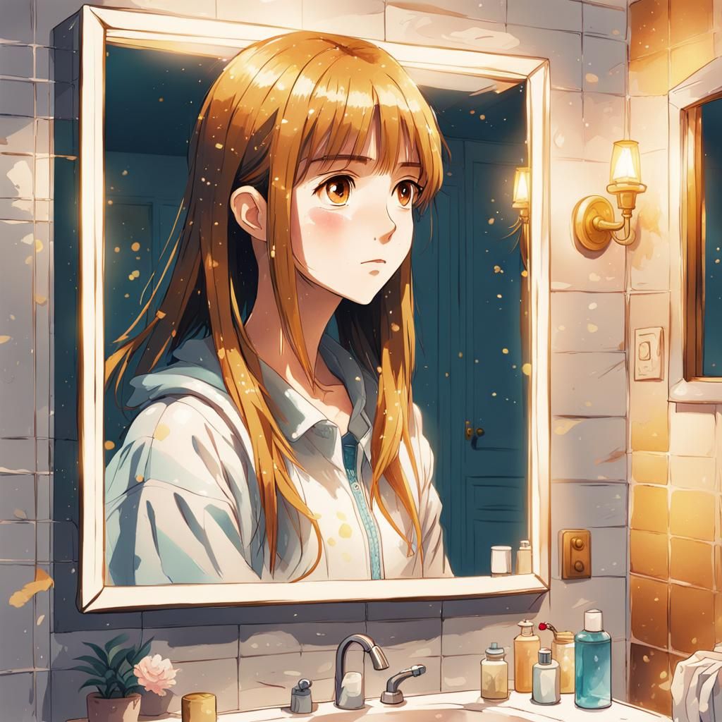 Anime Portrait of Girl in Mirror with Cel-Shading