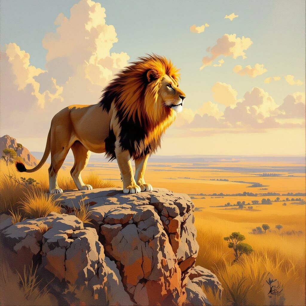 Lion with Fiery Mane Overlooking Savanna, Oil Painting