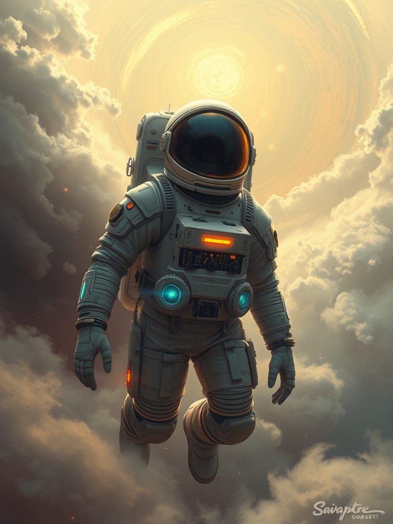 Astronaut in Cosmic Dust Cloud, Retro-Futuristic Concept Art