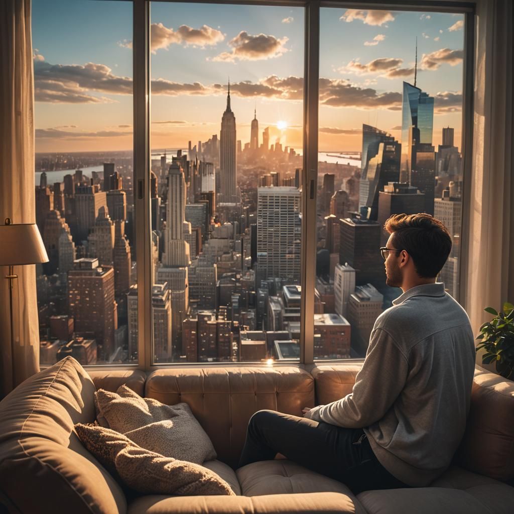 Sunset Cityscape View from Apartment, Hyper-Realistic Photog...