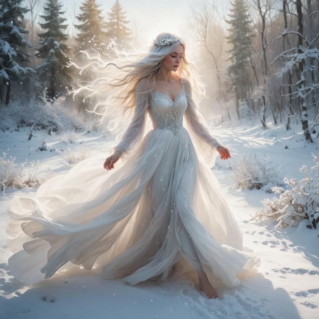 Ethereal Woman in Winter Forest: Impressionistic Portrait