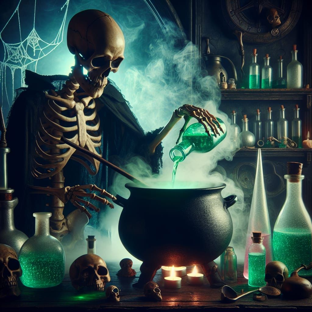 Mystical Skeleton Wizard Brews Enchanted Potion in a Haunted...