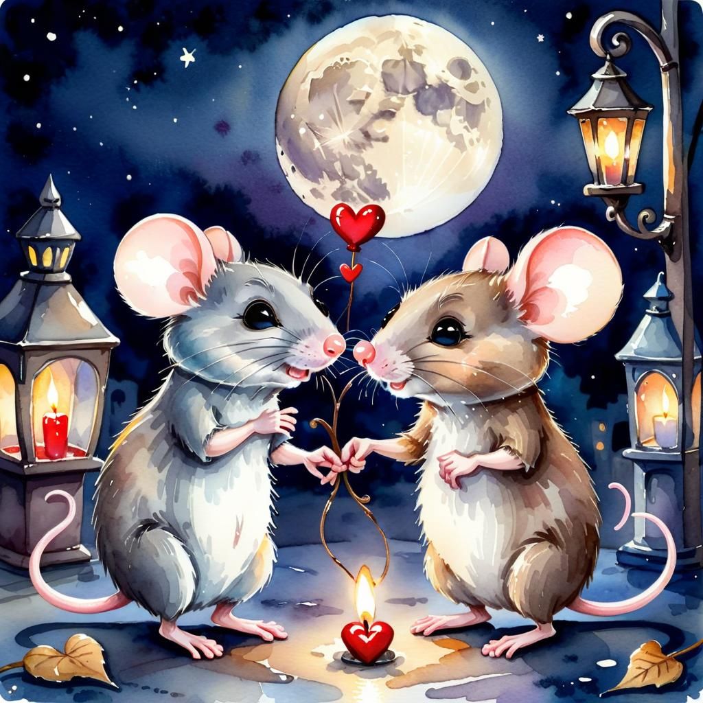 Romantic Mice Dating on Valentine's Day: Watercolor