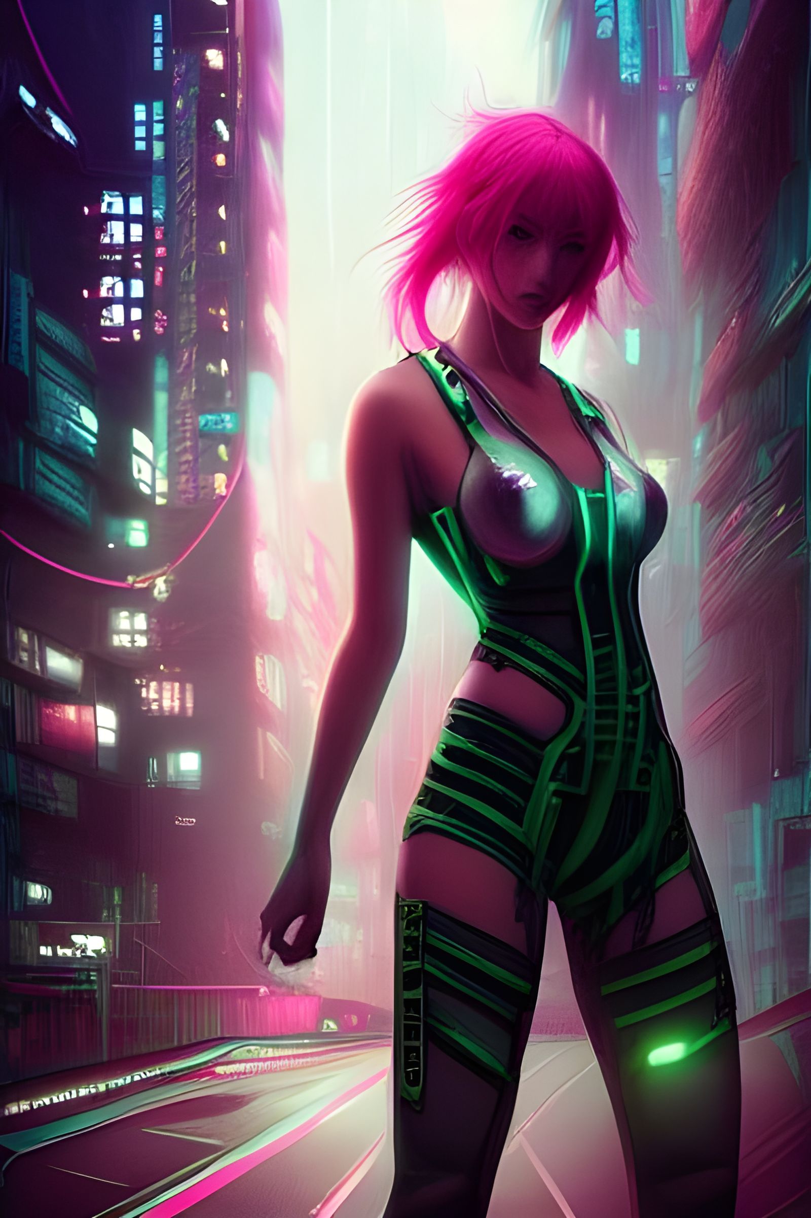 Cyberpunk Goddess with Neon Hair, Digital Art