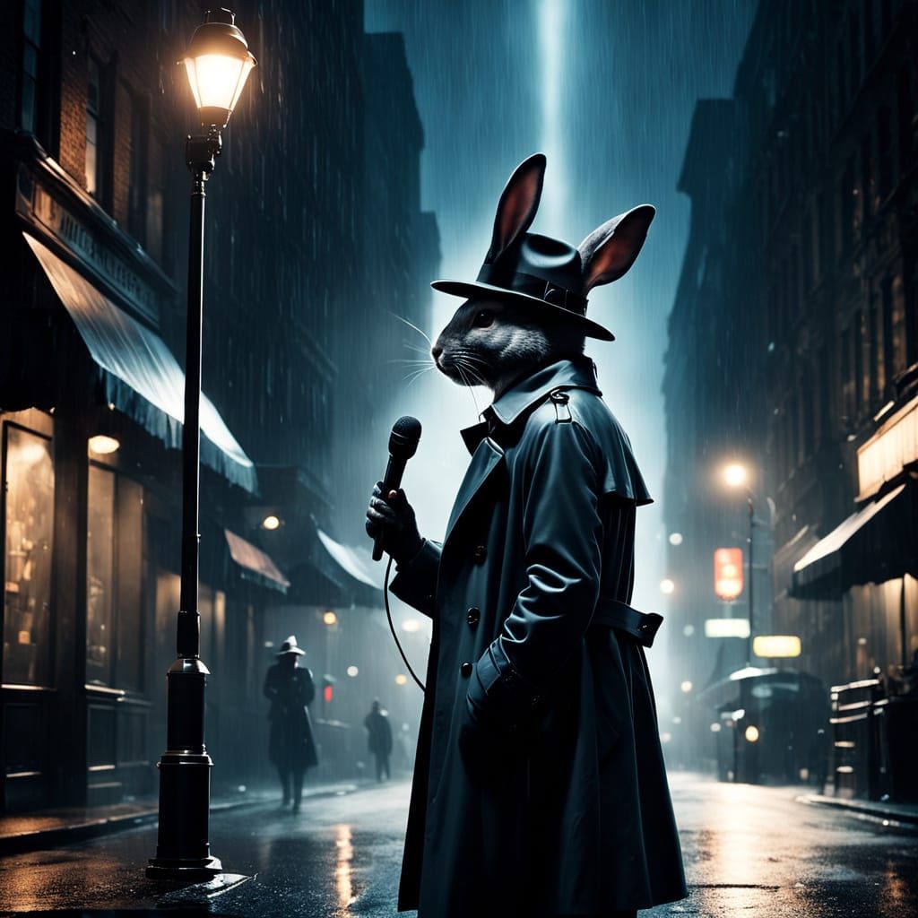 Rabbit Croons Under City Streetlights in Moody Film Noir