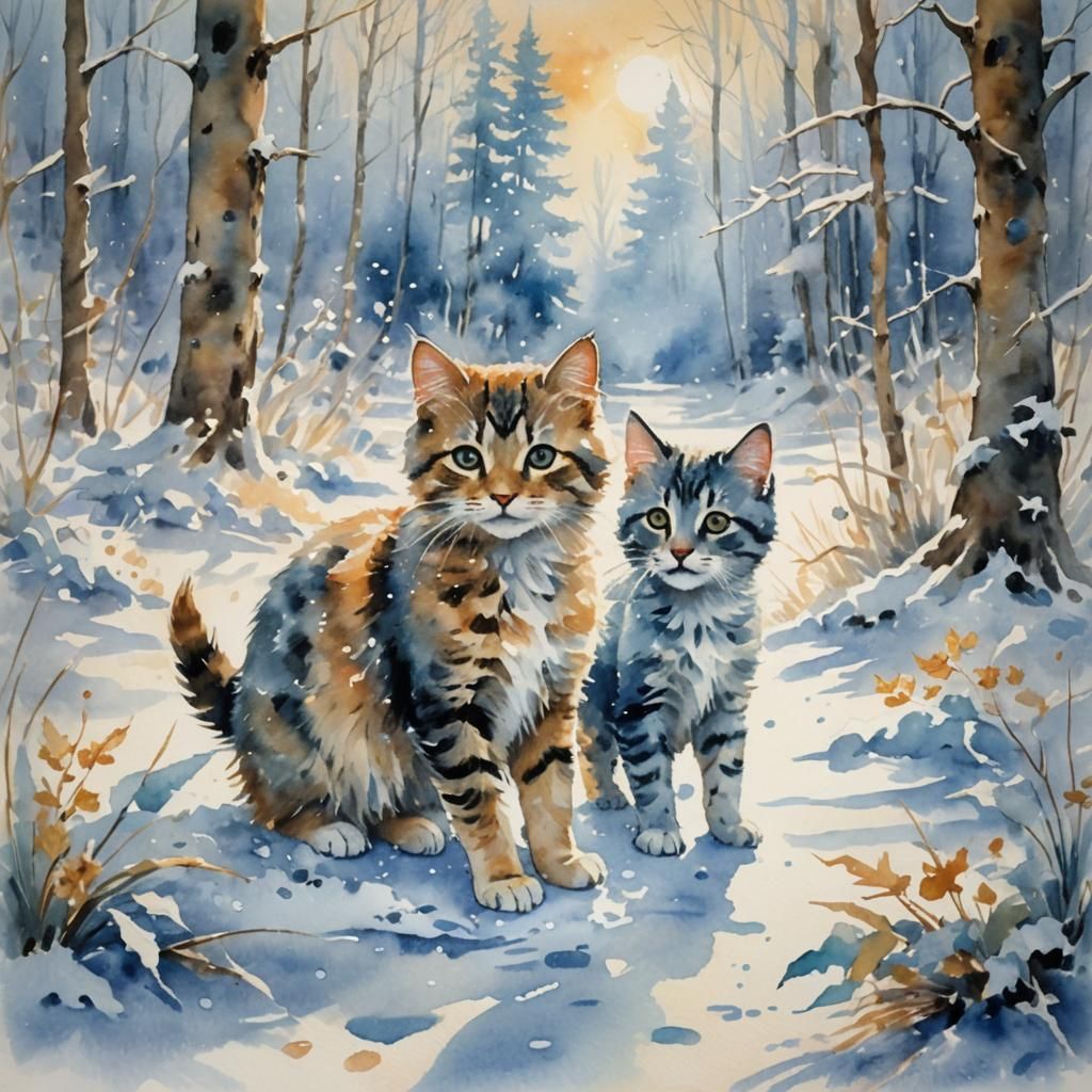 Kitten and Dog Playing in Snowy Forest