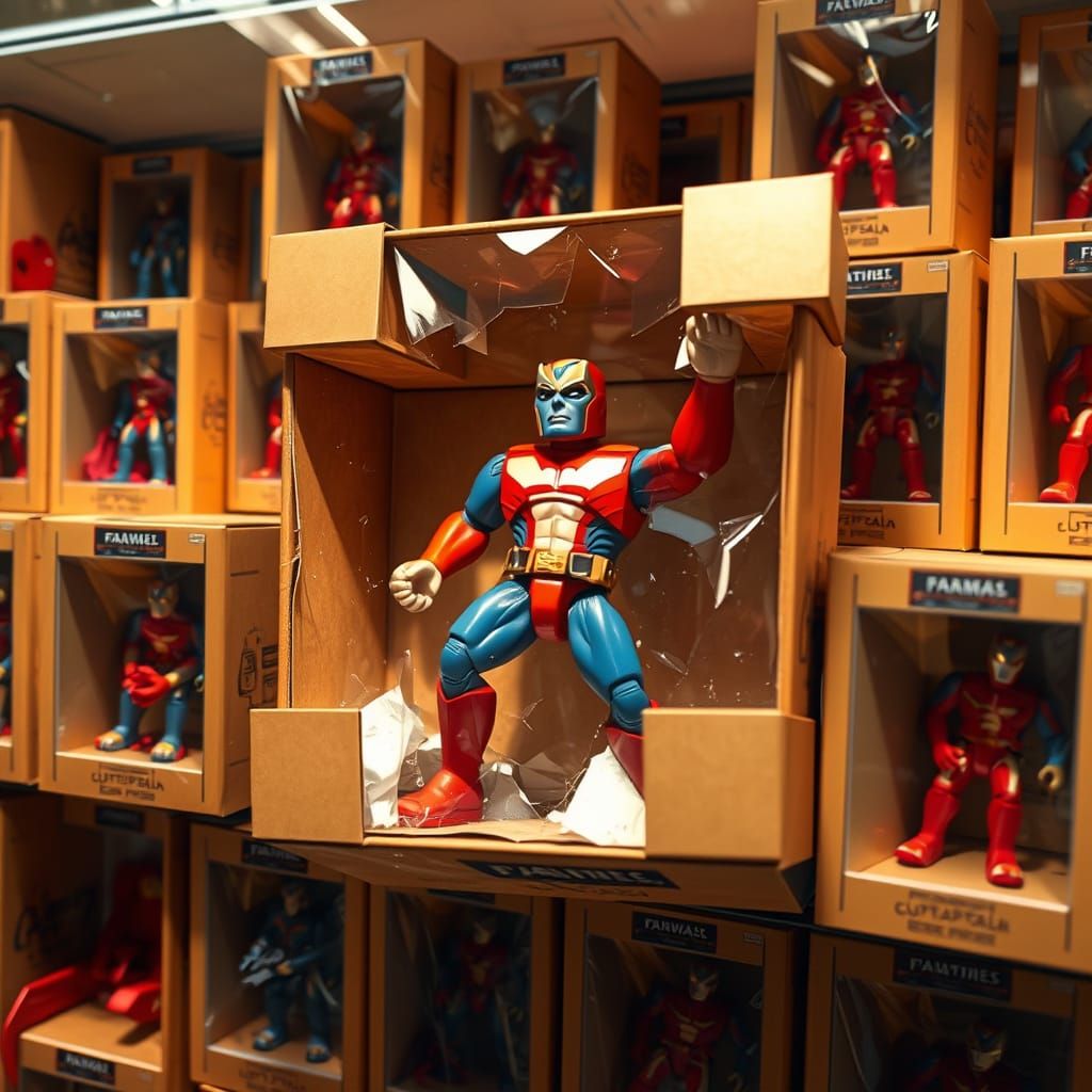 Action Figure Breaks Free in Toy Store Cubist Scene