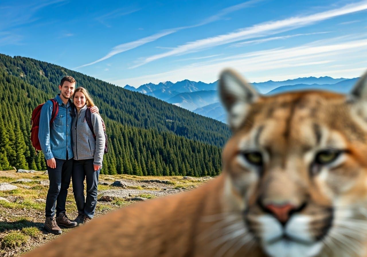 Couple Posing With Cougar in Mountain Landscape