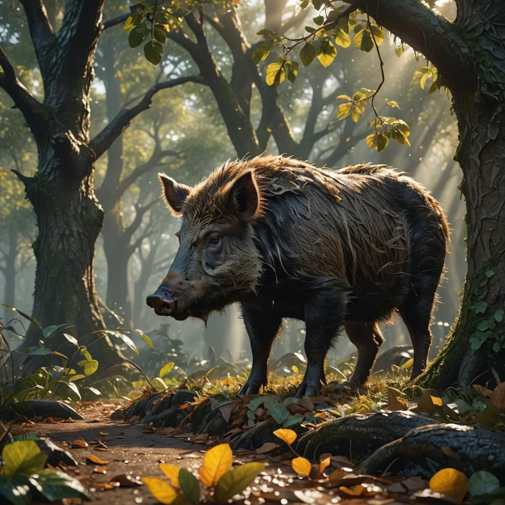 Wild Boar in Forest: Hyper-Realistic Digital Art