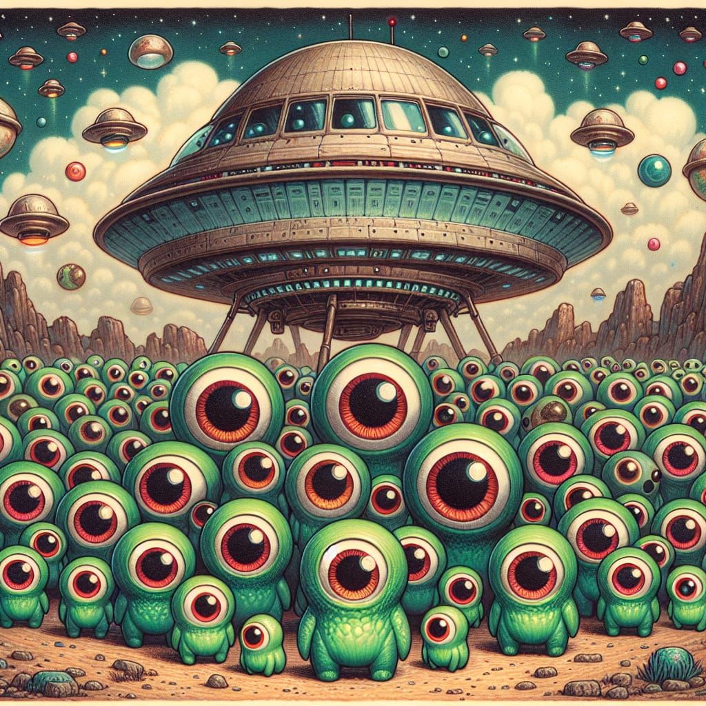 Green Aliens Gaze at Floating Dish