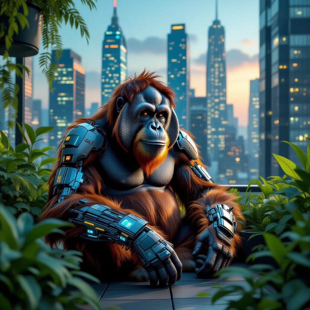 Orangutan in Bioluminescent Cyberpunk Cityscape