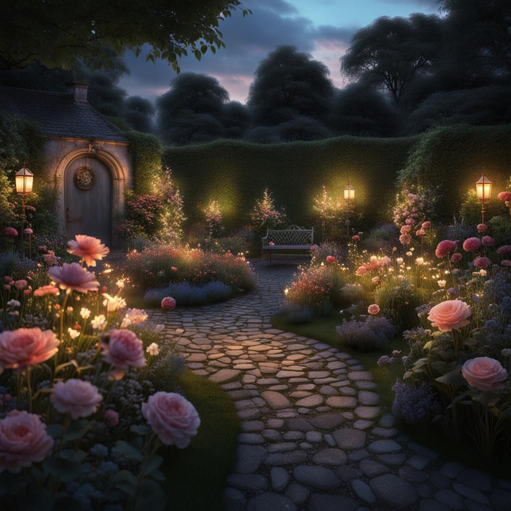 English Garden at Dusk: Cinematic Digital Painting