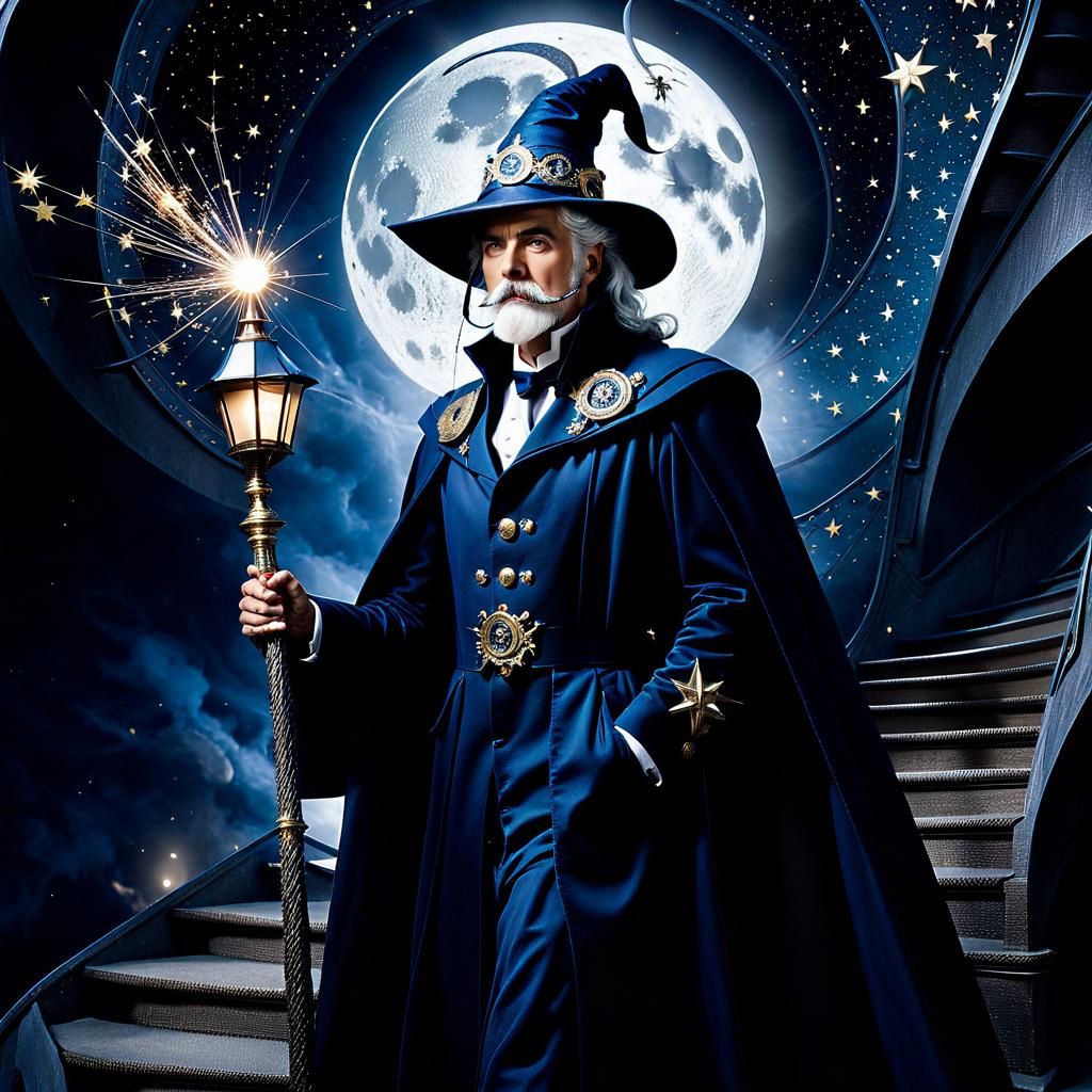Merlin in Elaborate Navy Suit with Electrical Sparkles