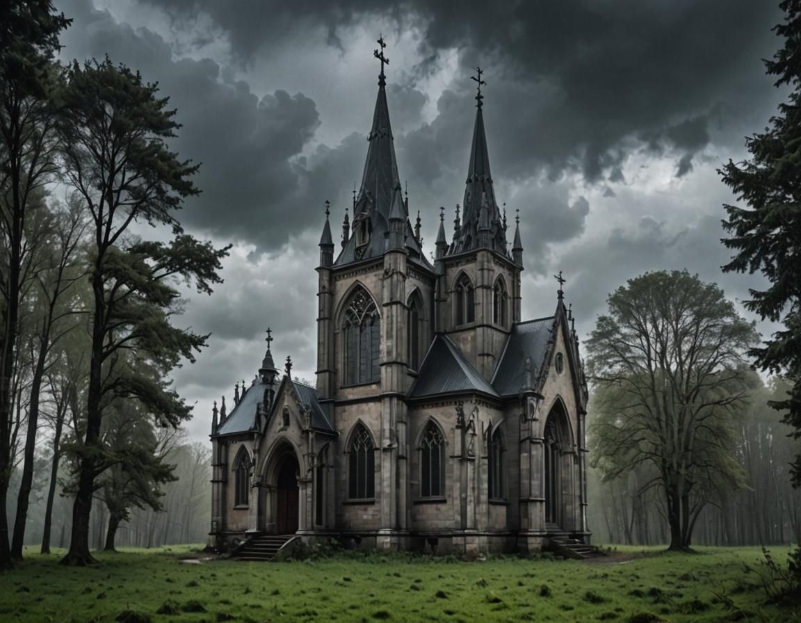 Gothic Chapel in Stormy Countryside