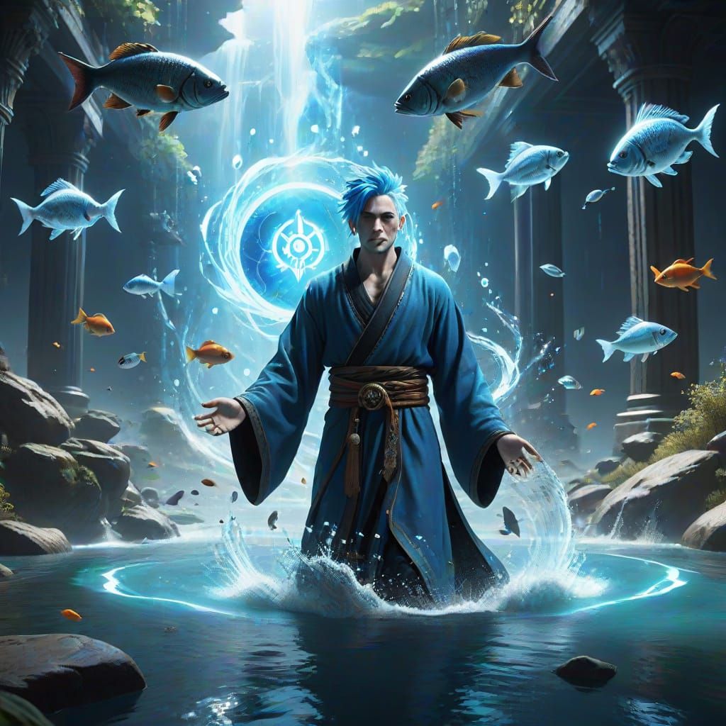 Mystical Blue-Haired Fisherman in Fantastical Energy