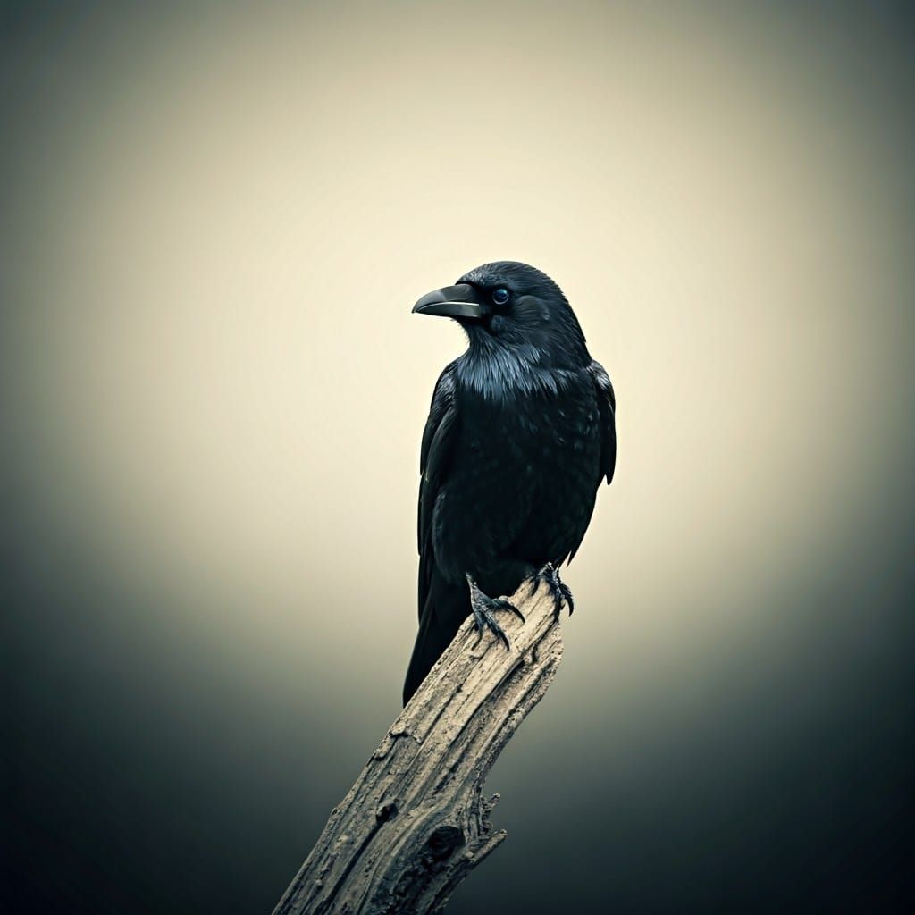 Black Bird on Branch in Pale Mist, Fine Art Photography