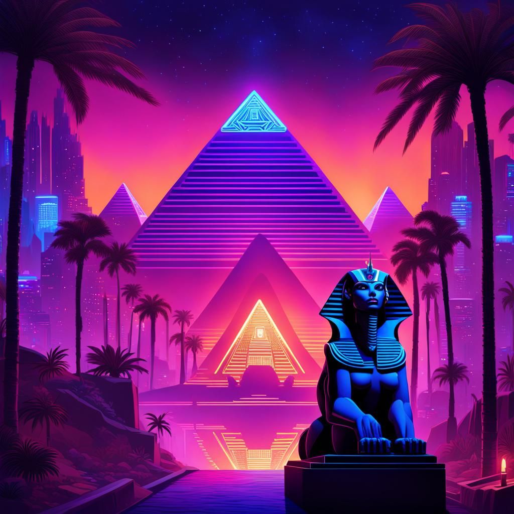 Cyberpunk Egyptian Pyramids and Sphinx in Neon City