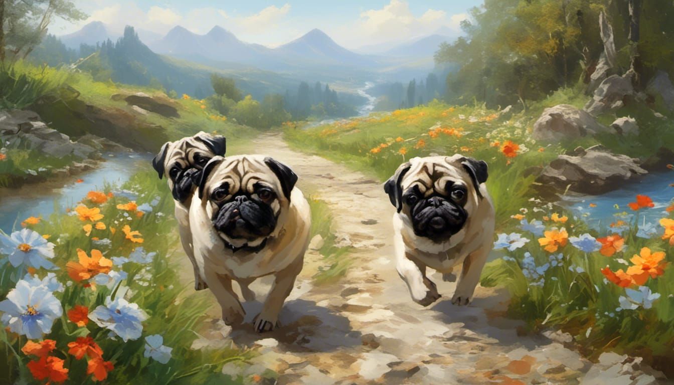 Two Pugs Stroll on Flower Path Stream