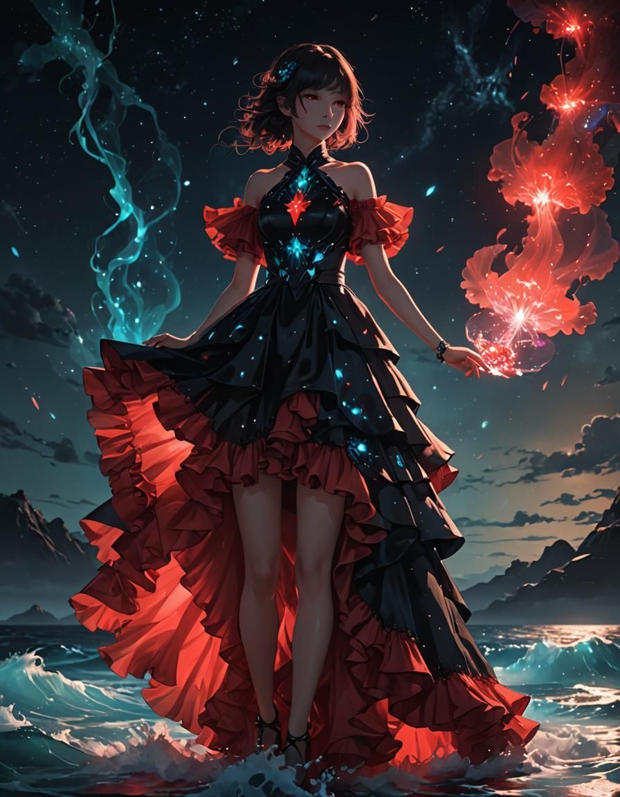 Bioluminescent Ocean and Nebula Sky in Anime Style