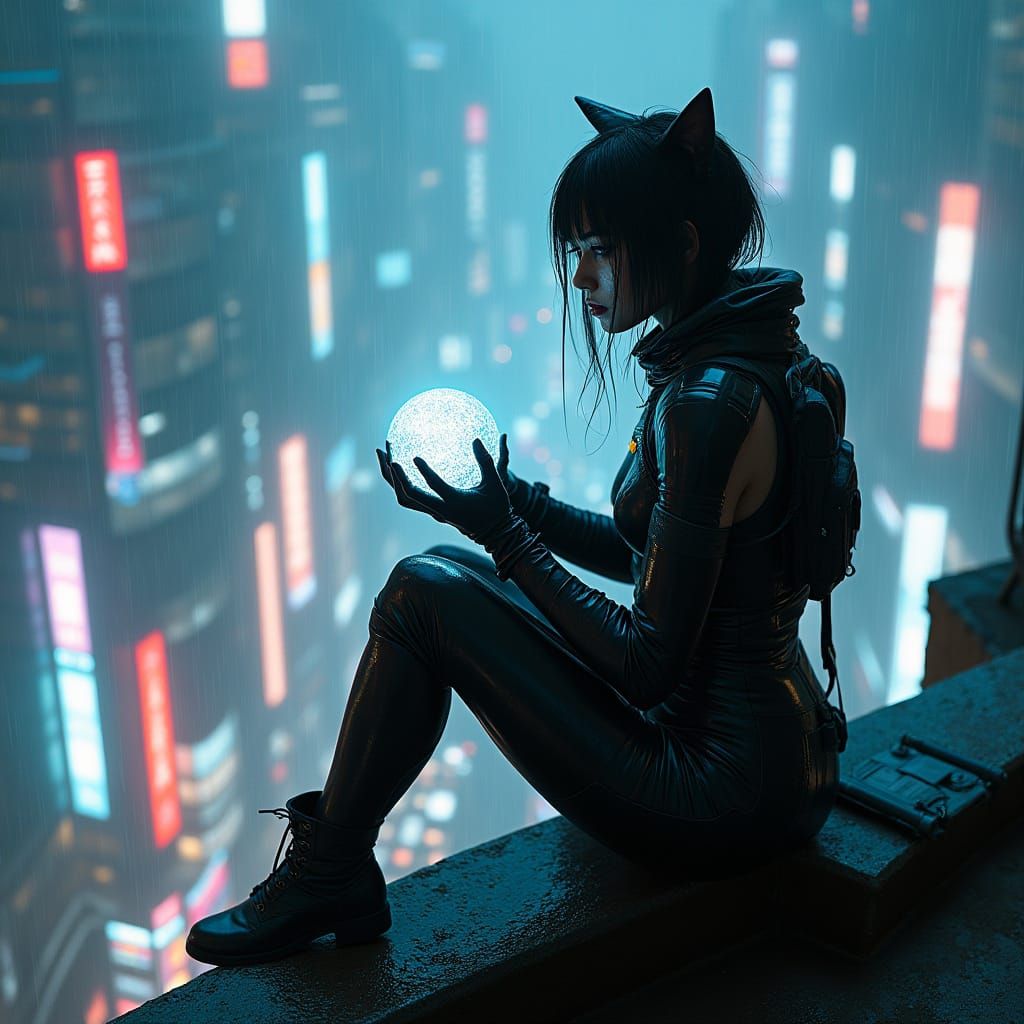 Cyberpunk Catwoman Dominates Neo-Tokyo Skyscraper in Neon-Li...