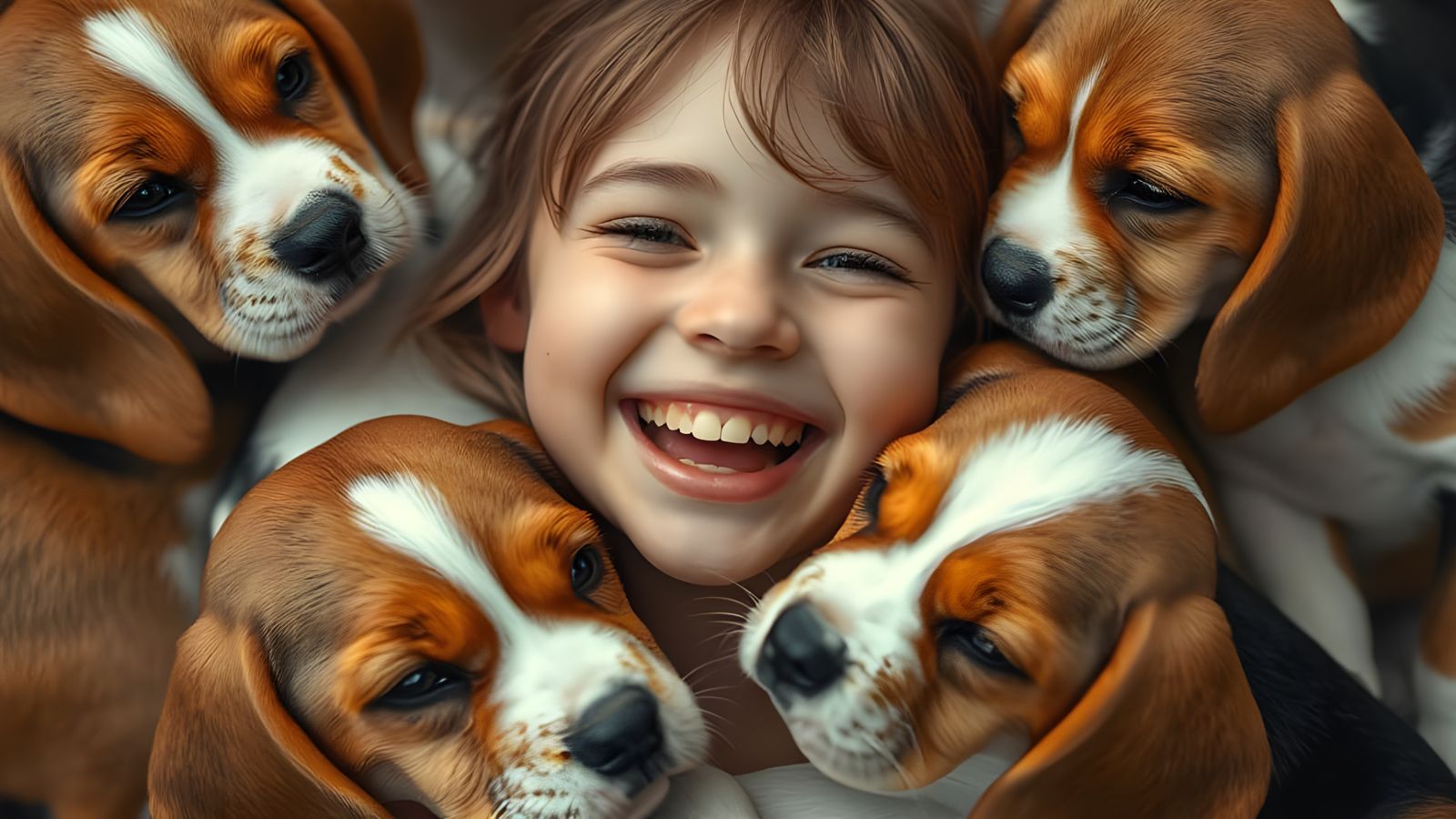 Girl's Joyful Moment with Beagle Puppies