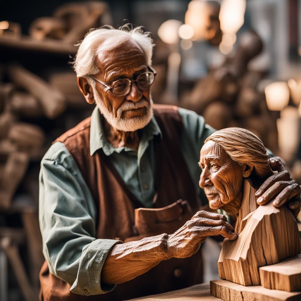 Old Man Carving Woman Sculpture in Wood