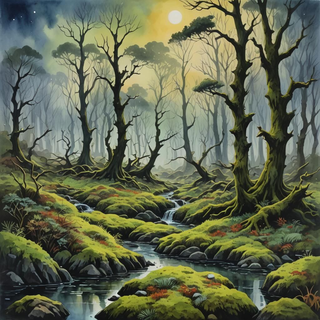 Mossy Forest Scene in Impressionist Gouache Style