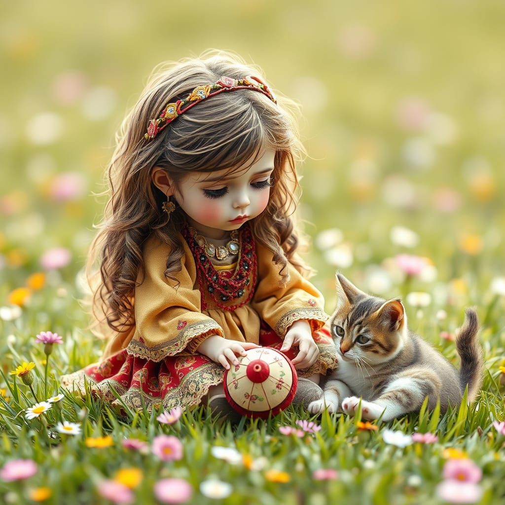 Sad Girl with Broken Toy in Pointillism Style