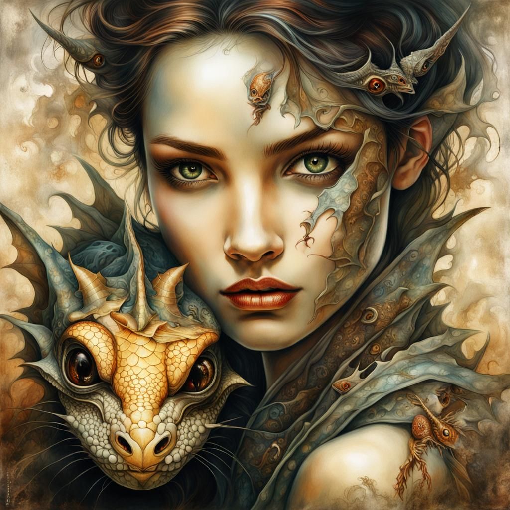Woman and Dragon Hatchling in Dreamlike Fantasy Art