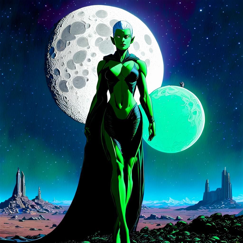 Ethereal Alien Woman with Broken Moon, Moebius Style