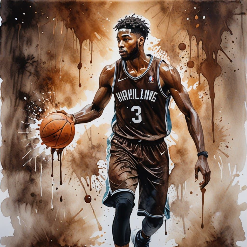 Basketball Player with Ice Cream Ball, Watercolor Style