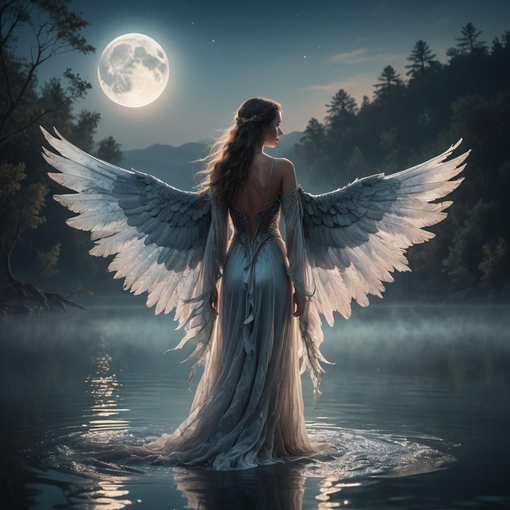 Magical Transformation: Woman with Wings by Moonlit Lake