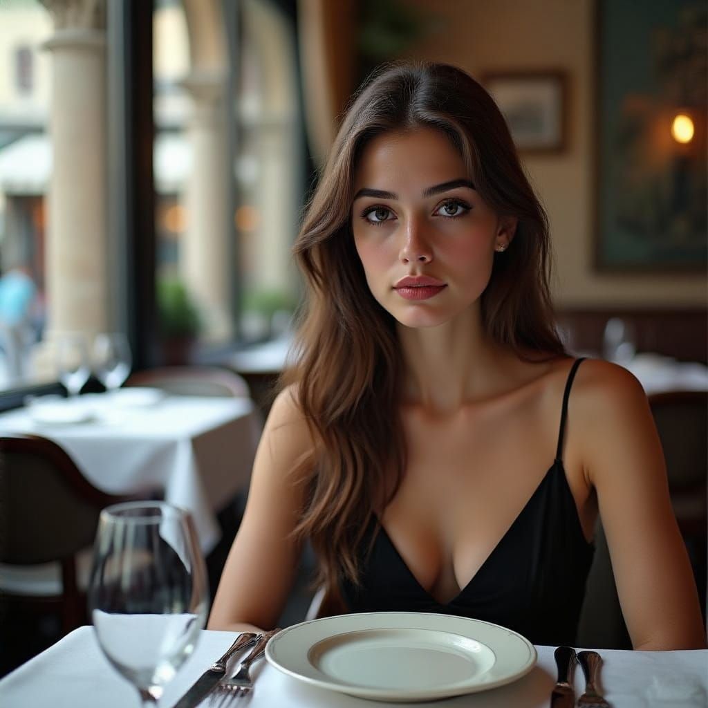 Elegant Woman Dining in Modern Italian Restaurant