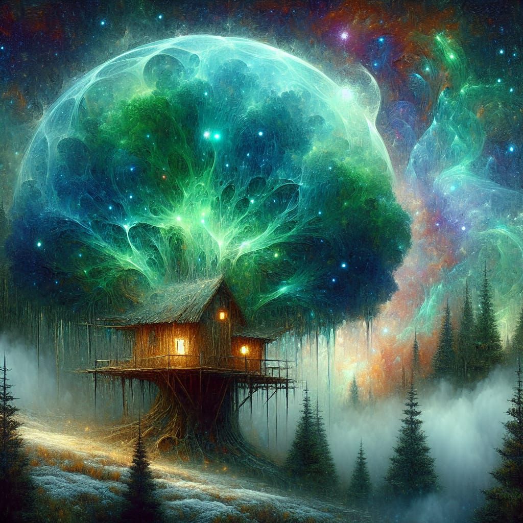 Bioluminescent Treehouse in Winter Landscape