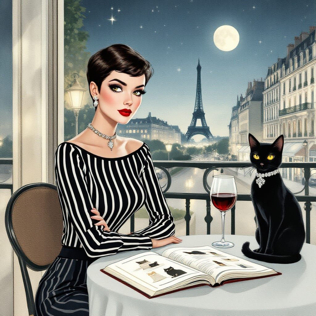 Parisian Café Scene in 1960s Comic Style