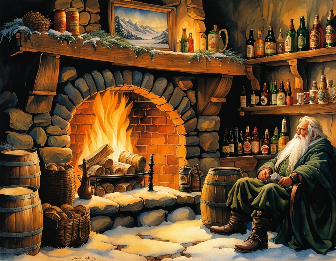 Cozy Hobbit Winter Scene by Fireplace