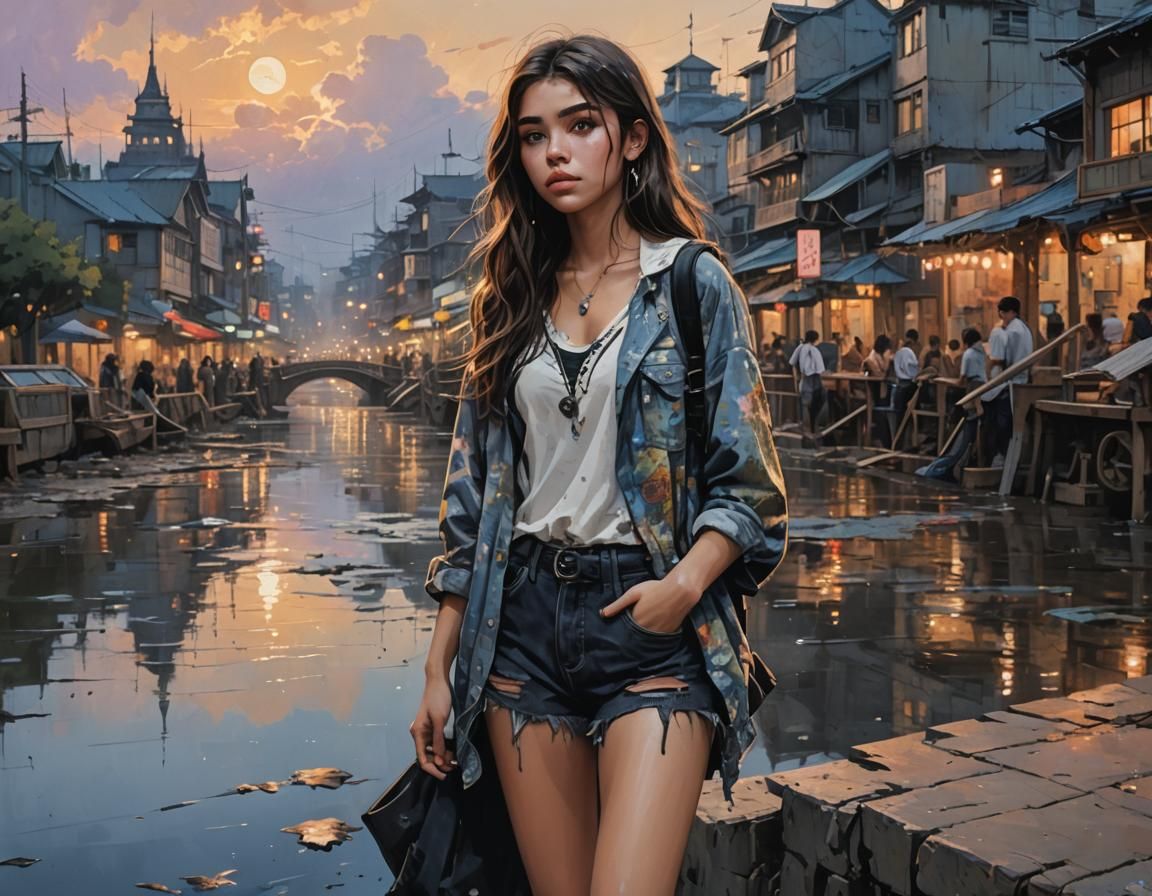 Anime Portrait of a Beautiful Woman in a Breathtaking Evenin...
