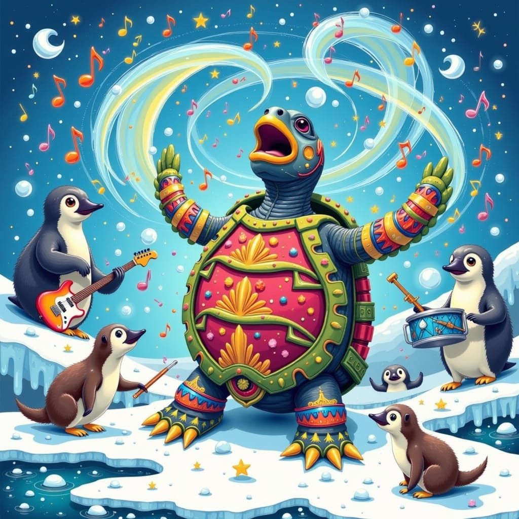 Singing Turtle Concert in Antarctica, Whimsical Illustration