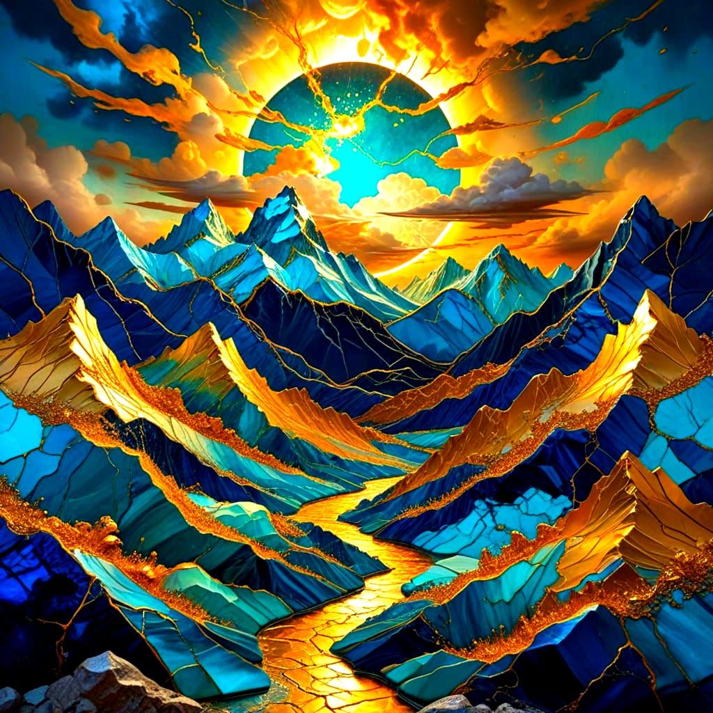 Golden Mountains Landscape in Van Gogh & Dali Style