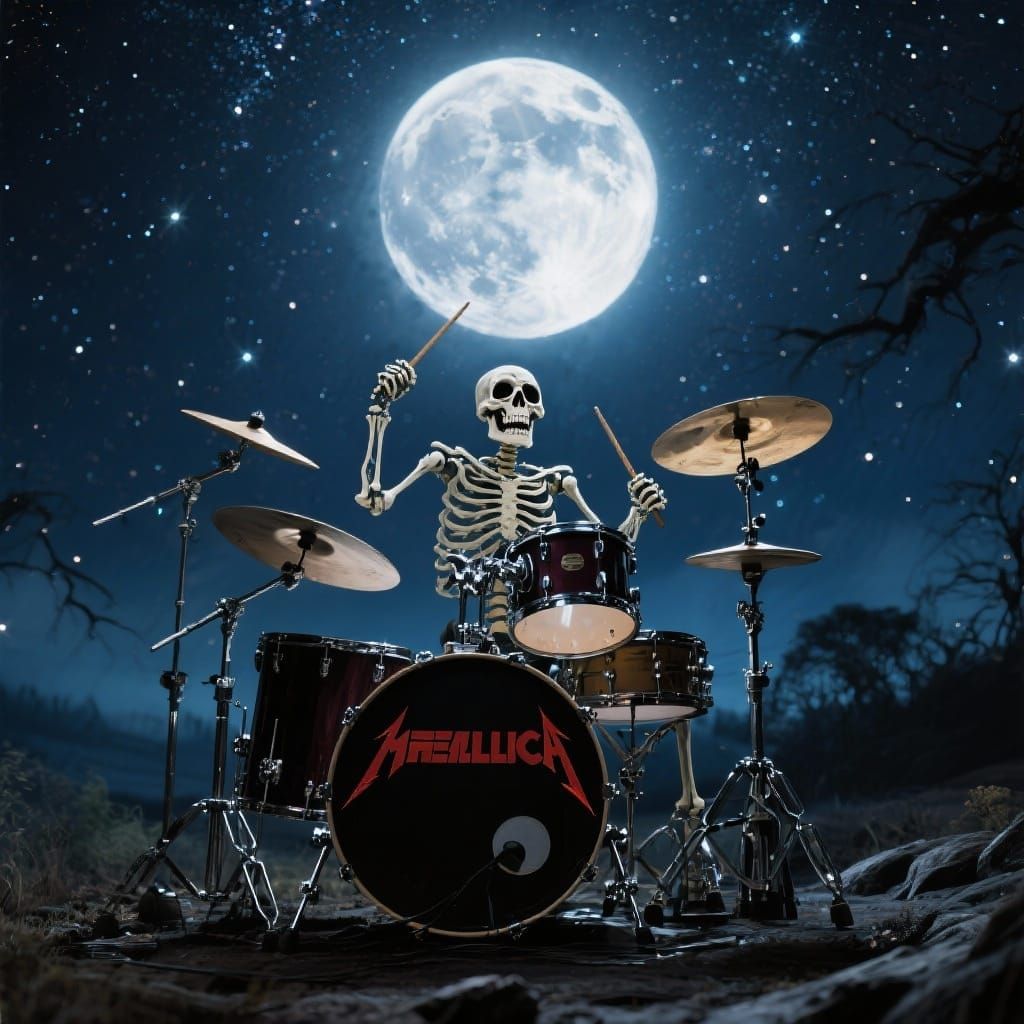 Skeleton Drummer Under Full Moon Performing Heavy Metal
