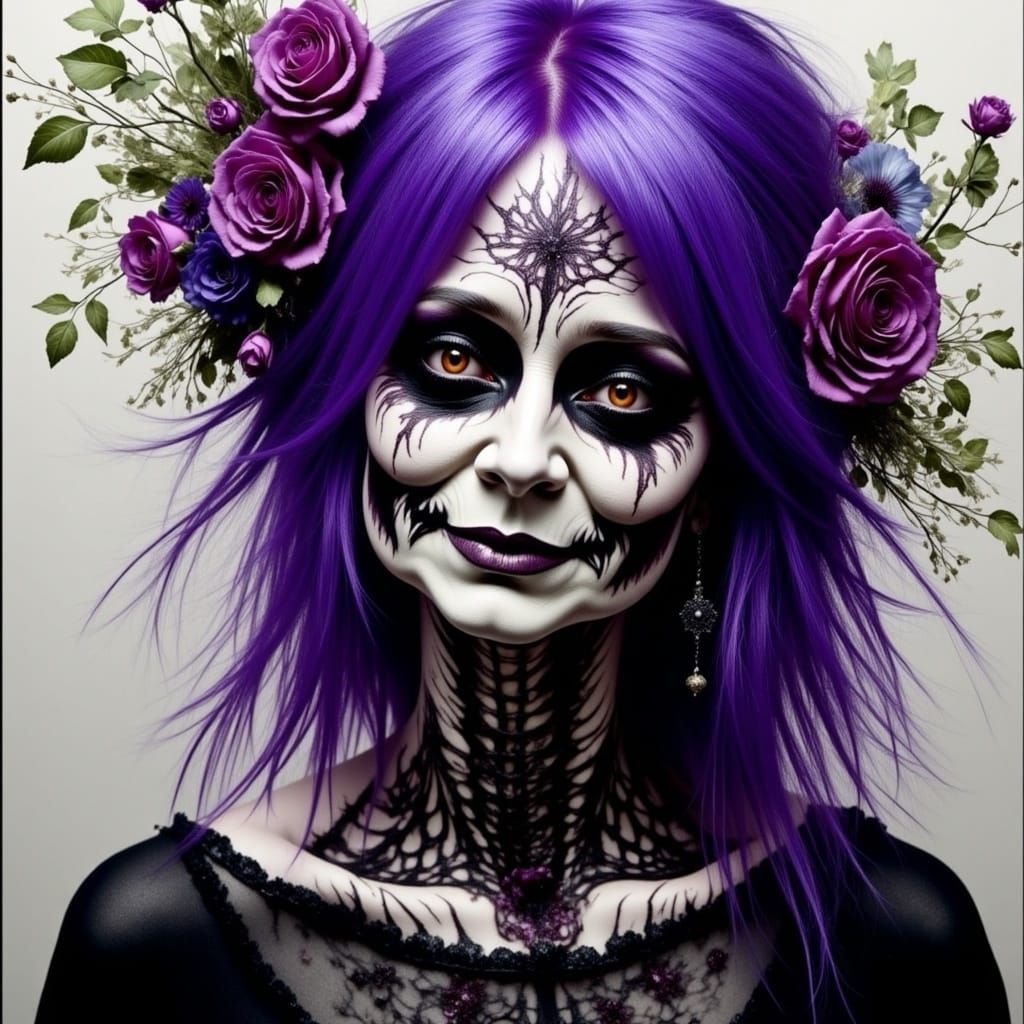 Hyperrealistic Purple Haired Zombie in Watercolor Oil Painti...