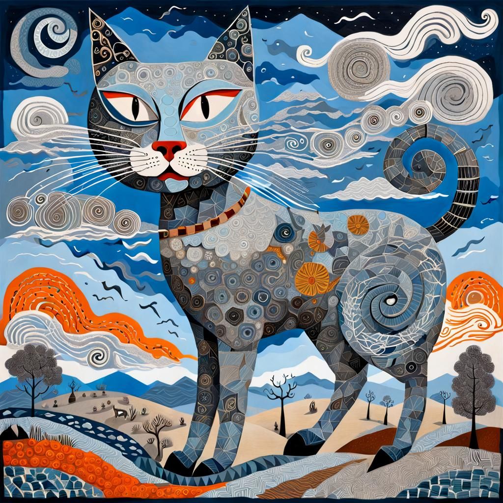 Whimsical Wind Cat Panic in Naive Art Style