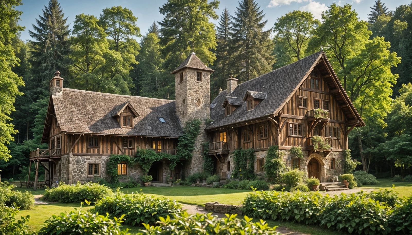 Rustic Lodge Amidst a Lush Forest Castle