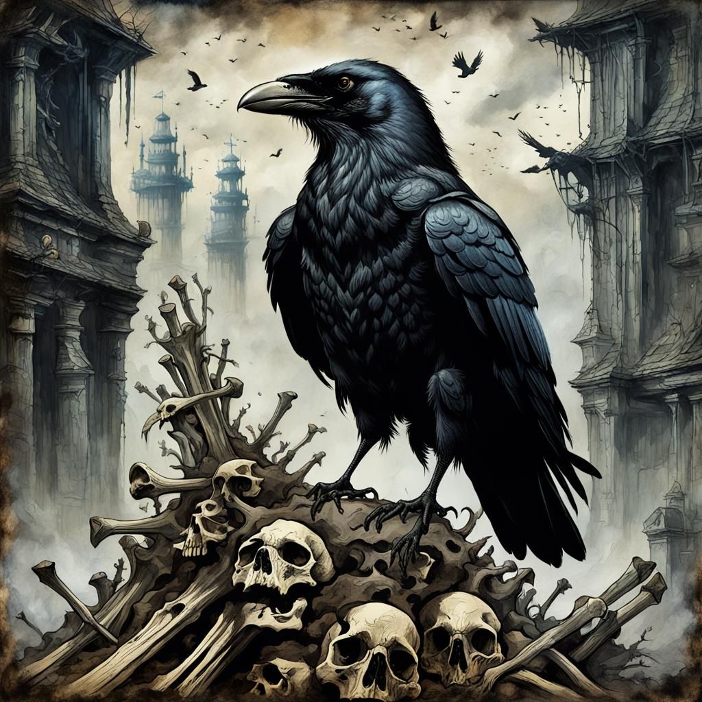 Crow on Bones: Dark Fantasy Mixed Media Illustration