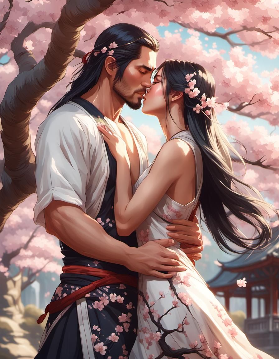 Young Woman Kissing Under Cherry Blossom Tree