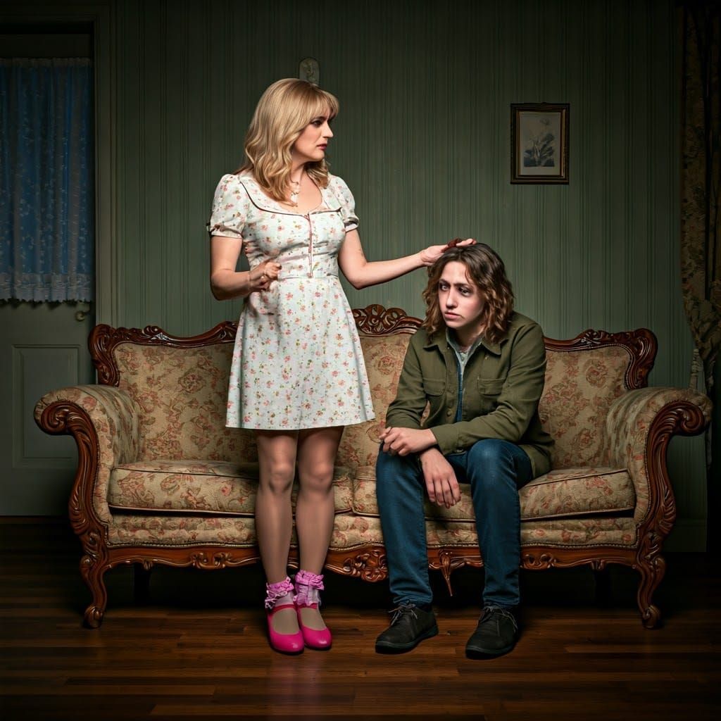 Cinematic Still: Woman and Crossdressing Young Adult